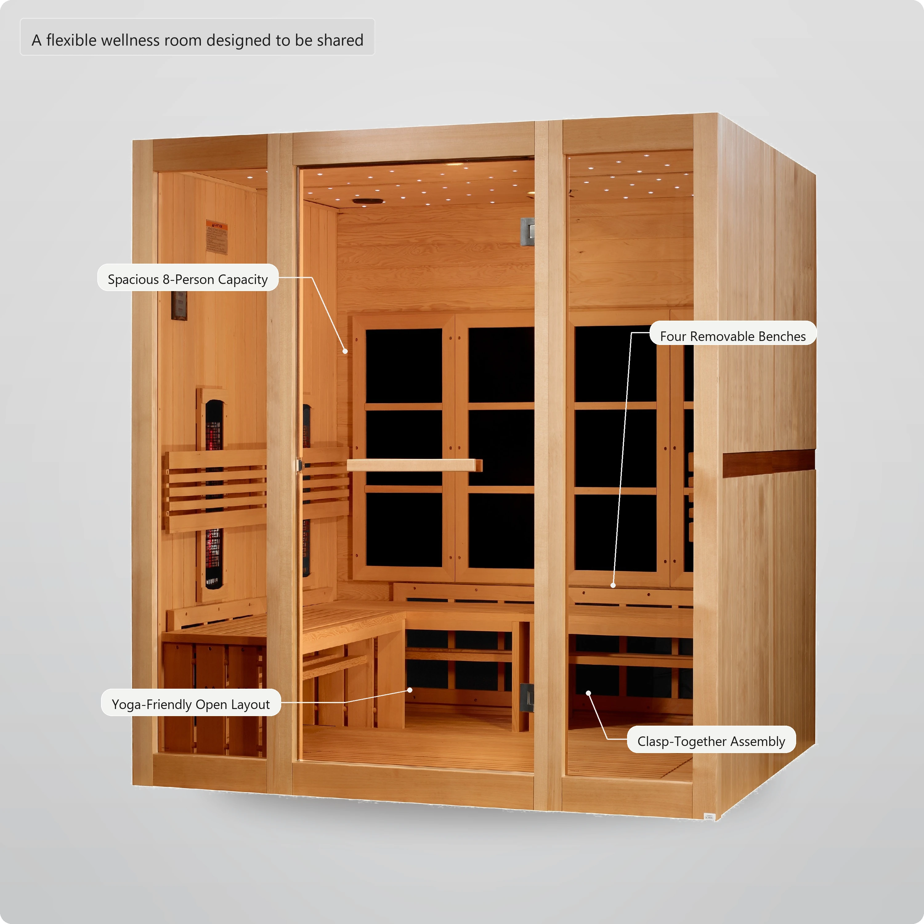 Spacious 8 person infrared sauna with four removable benches and yoga friendly layout