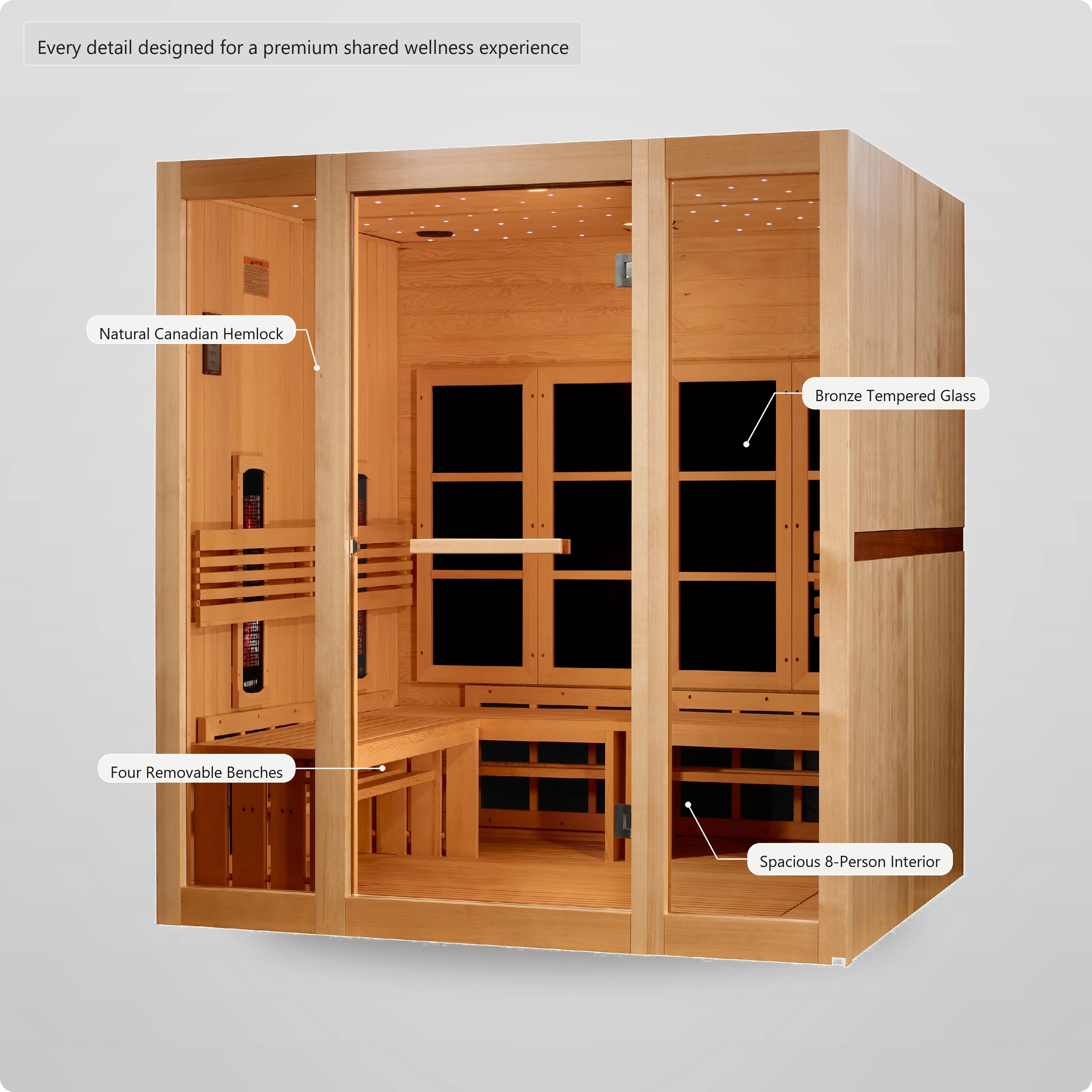 8 person infrared sauna premium Canadian Hemlock craftsmanship and bronze tempered glass