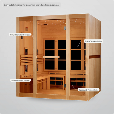 8 person infrared sauna premium Canadian Hemlock craftsmanship and bronze tempered glass