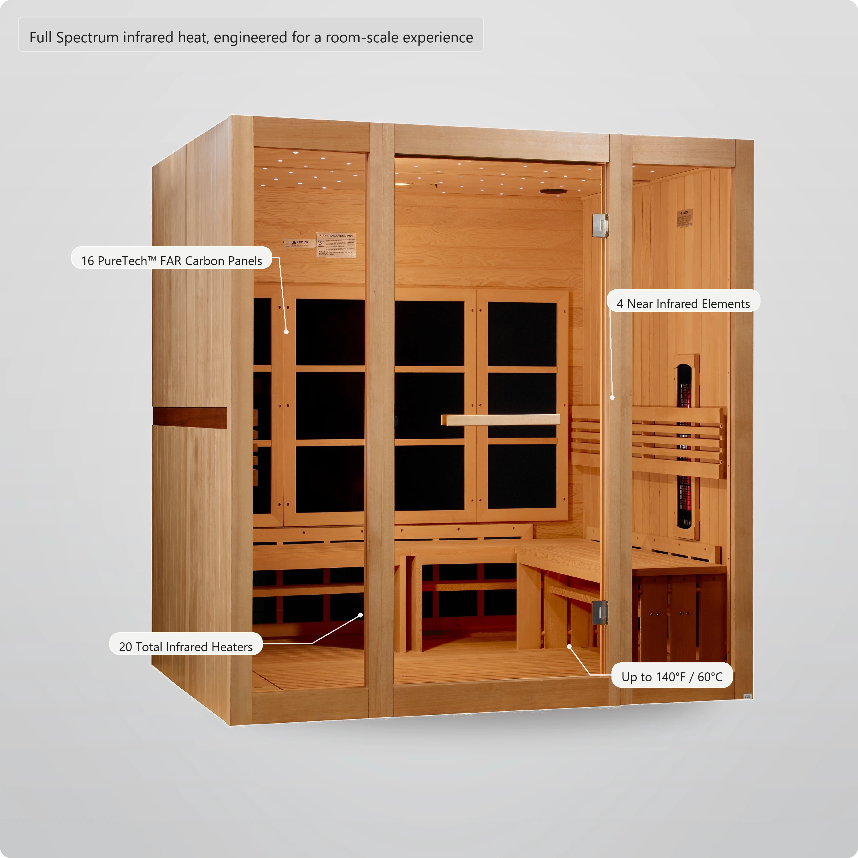 8 person full spectrum infrared sauna with 20 heaters including FAR carbon panels and near infrared elements