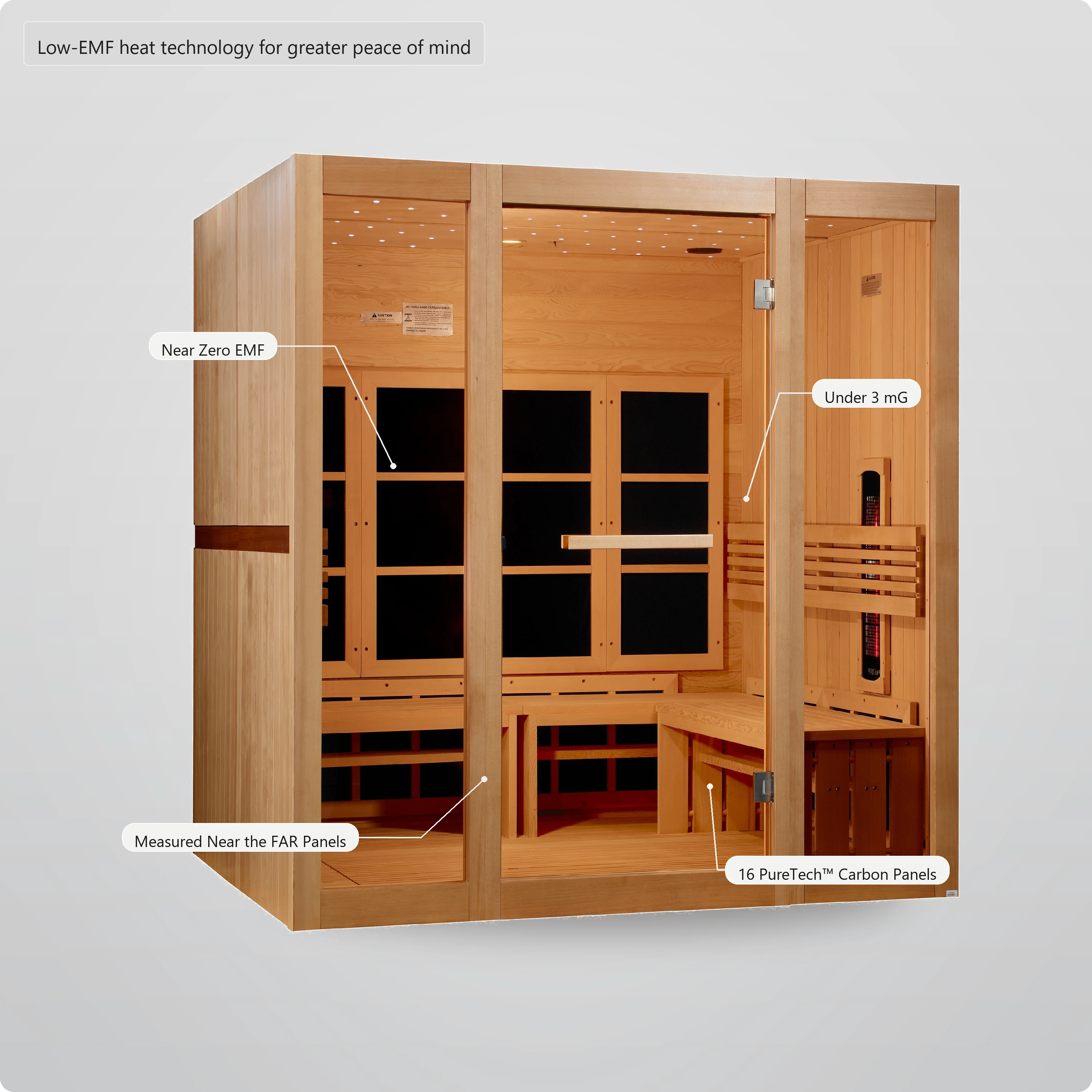 Near Zero EMF infrared sauna with PureTech FAR carbon heating panels under 3 mG
