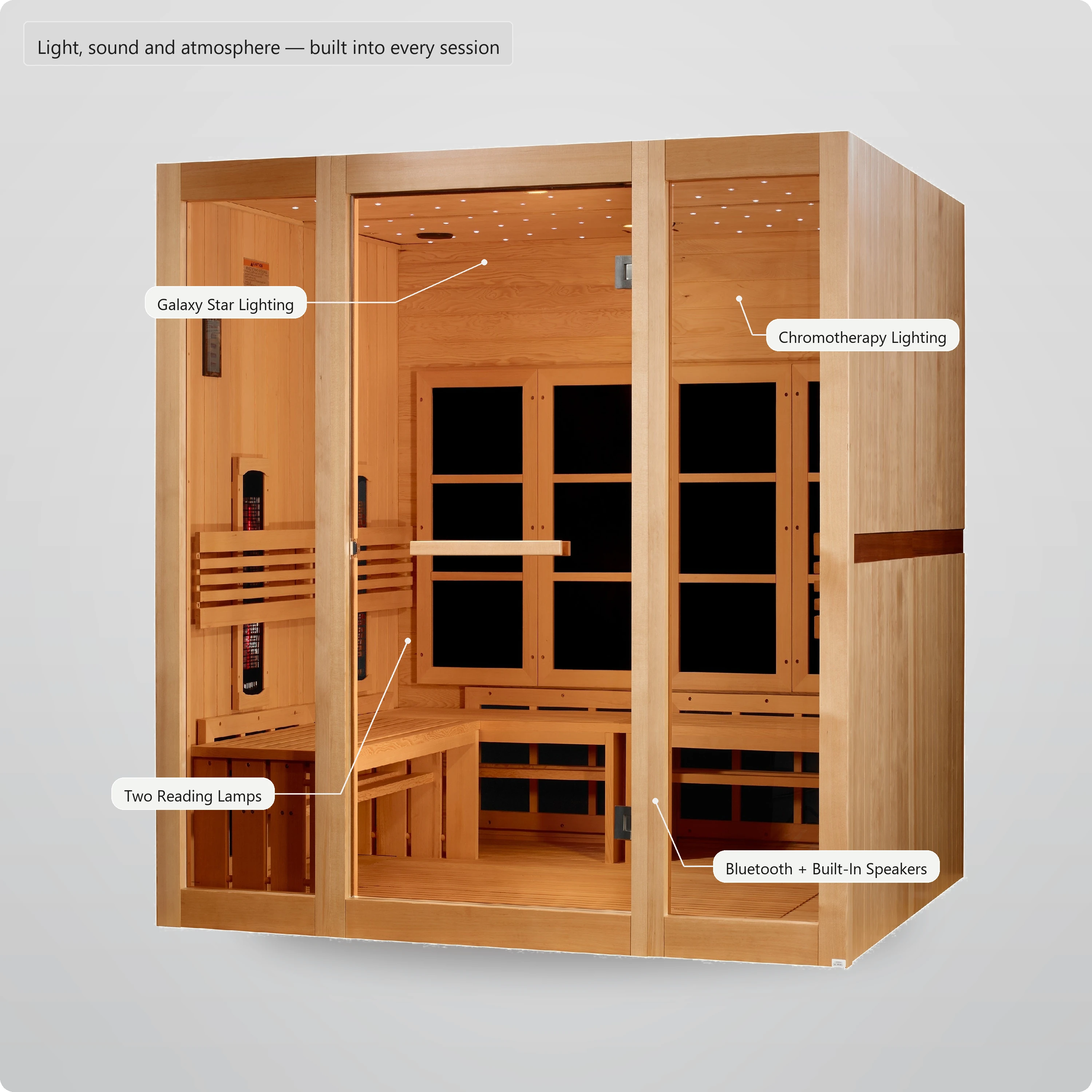 Infrared sauna with chromotherapy, galaxy star lighting, reading lamps and Bluetooth audio