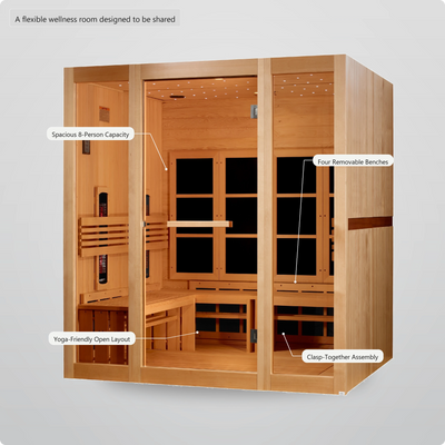 Spacious 8 person infrared sauna with four removable benches and yoga friendly layout